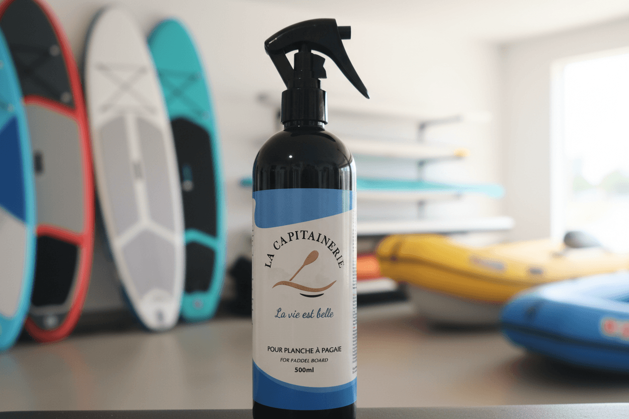 Nettoyant pour planche à pagaie en spray, bouteille de 500ml, avec des planches à pagaie et bateaux en arrière-plan.